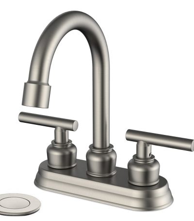 Assen Bathroom Faucet W/ 4" Double Lever Basin Mixer & Metal Drain in Brush Nickel